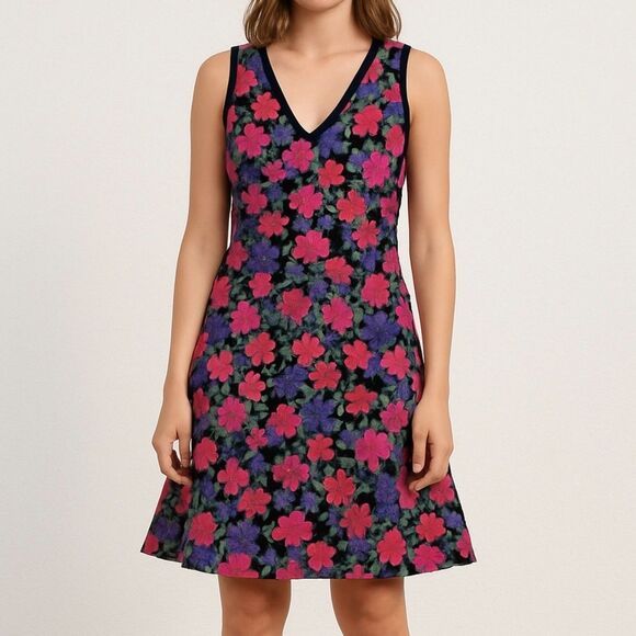 Akris Punto Colorful Wool Silk Floral Dress 6 Fit Flare Sleeveless Designer - Picture 1 of 16